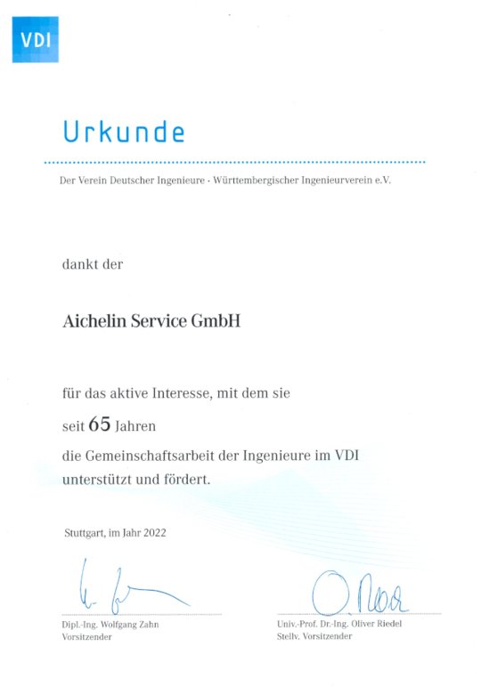 VDI certificate for AICHELIN Service
